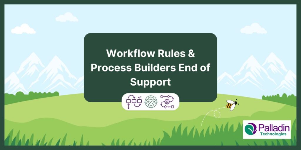 End of Support for Salesforce Workflow Rules and Process Builder by 2025, urging migration to Flow Builder. Image by Palladin Technologies with nature-themed background.