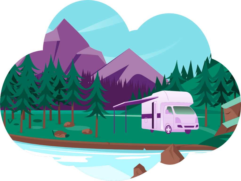 Cloud shaped illustration of mountains and trees with a camper van