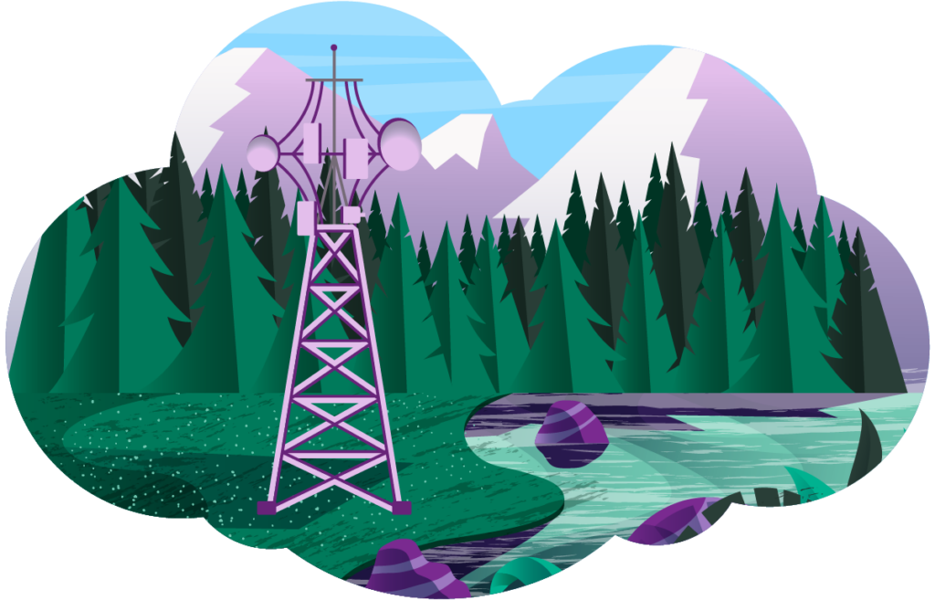 Cloud shaped illustration of a communications tower next to the water, with mountains and trees in the background