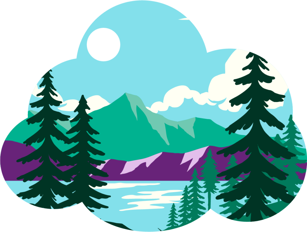 Cloud shaped illustration of mountains, trees, and a lake