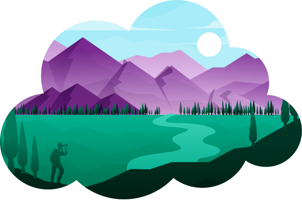 Cloud shaped illustration of a hiker looking at mountains in the distance