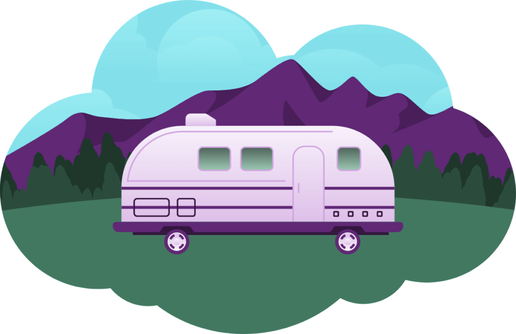 cloud shaped illustration of an RV in front of mountains