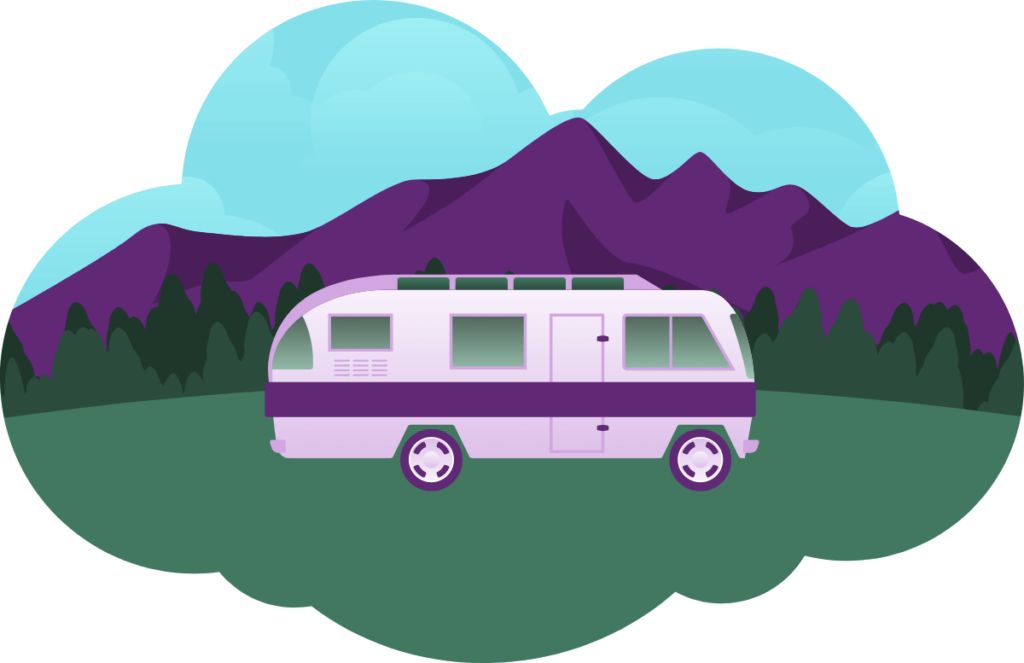 cloud shaped illustration of an RV in front of mountains