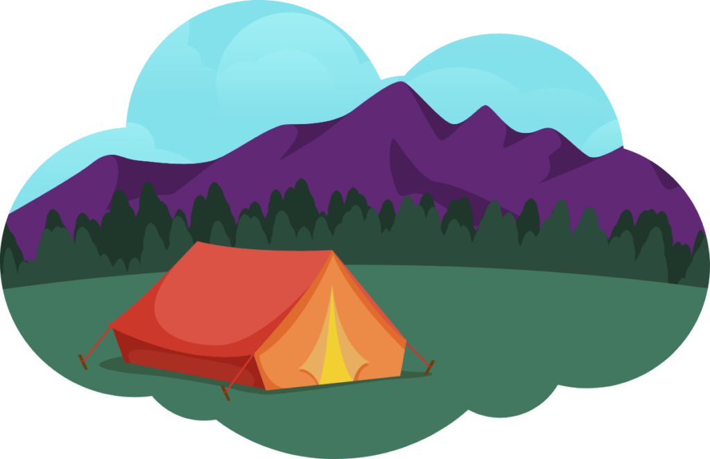 cloud shaped illustration of a tent in front of mountains