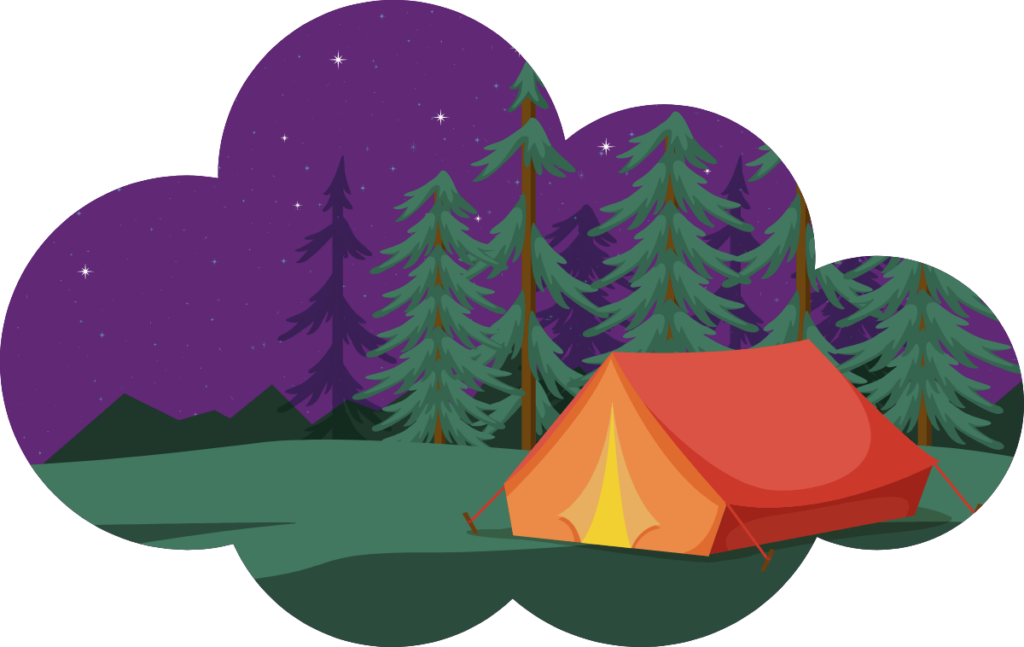 cloud shaped illustration of a tent in front of trees at night