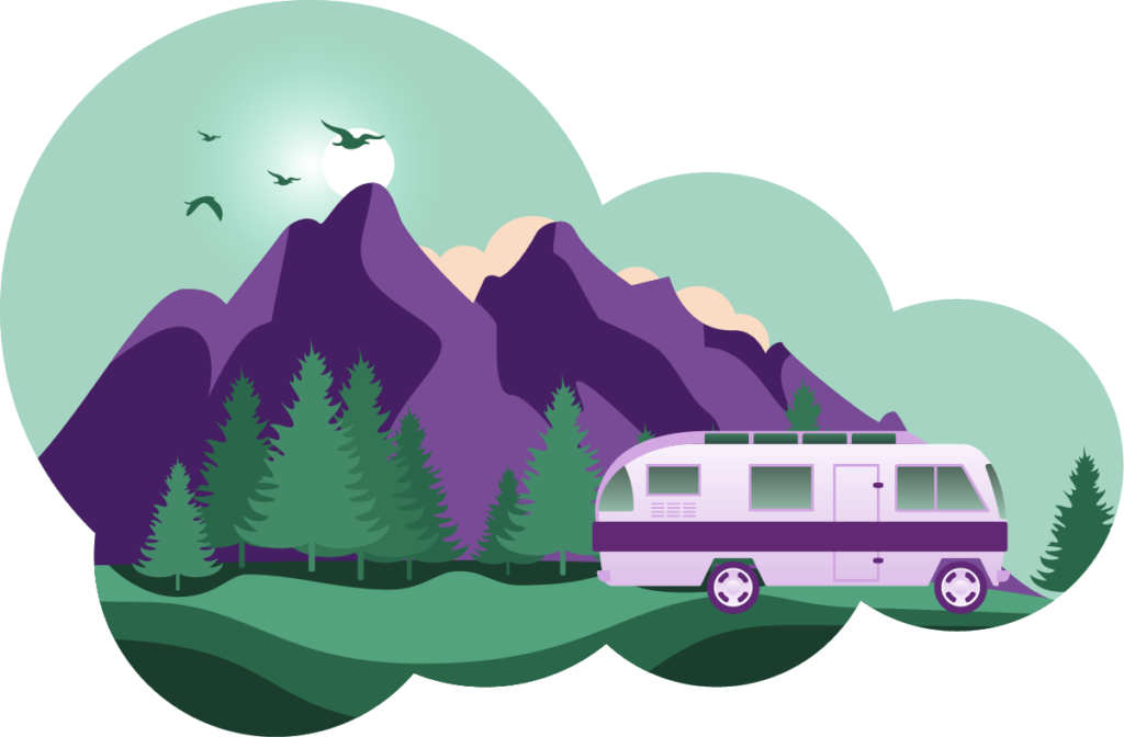 cloud shaped illustration of an RV in front of mountains and trees