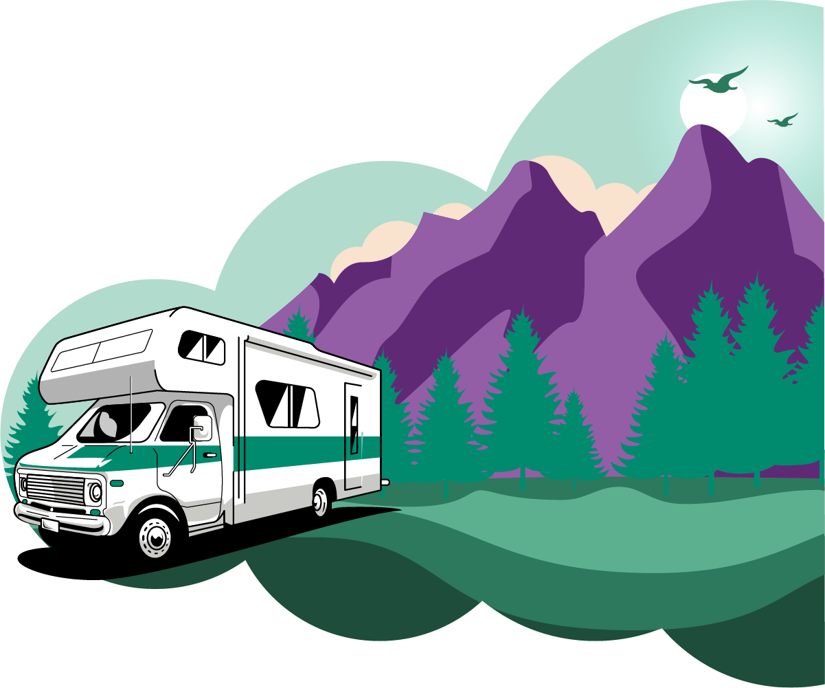 cloud shaped illustration of an RV in front of mountains and trees