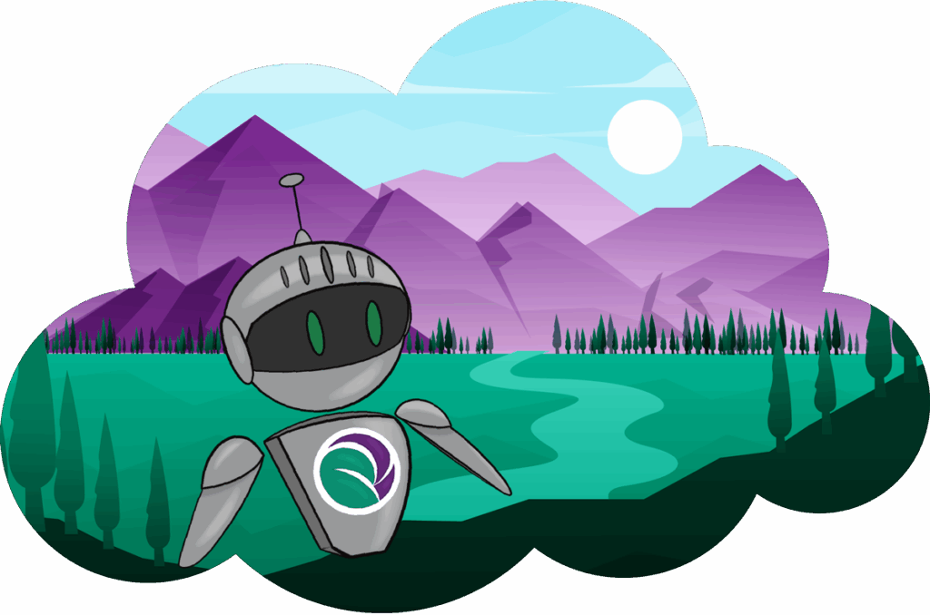 Pally mascot in front of a purple and green landscape